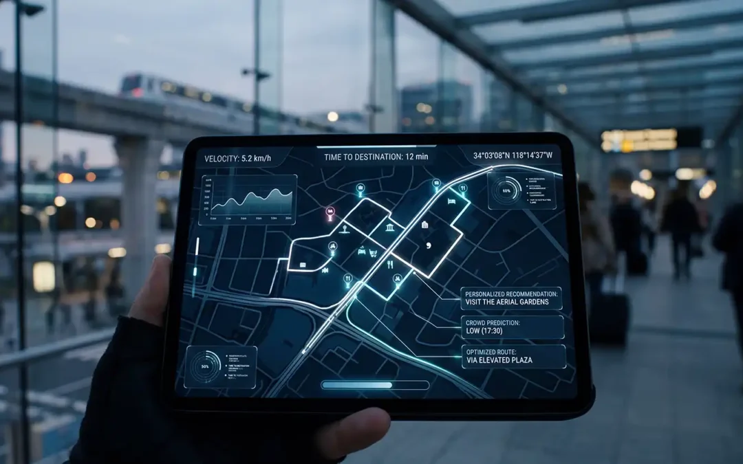 Interface de navegação turística futurista num tablet, mostrando mapa, rotas e recomendações de IA, com uma cidade moderna desfocada em segundo plano.